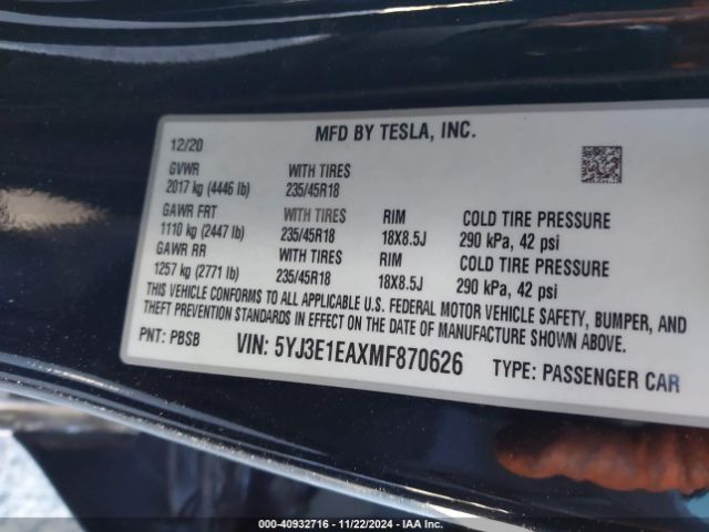 5YJ3E1EAXMF870626 Tesla Model 3 Standard Range Plus Rear-wheel Drive