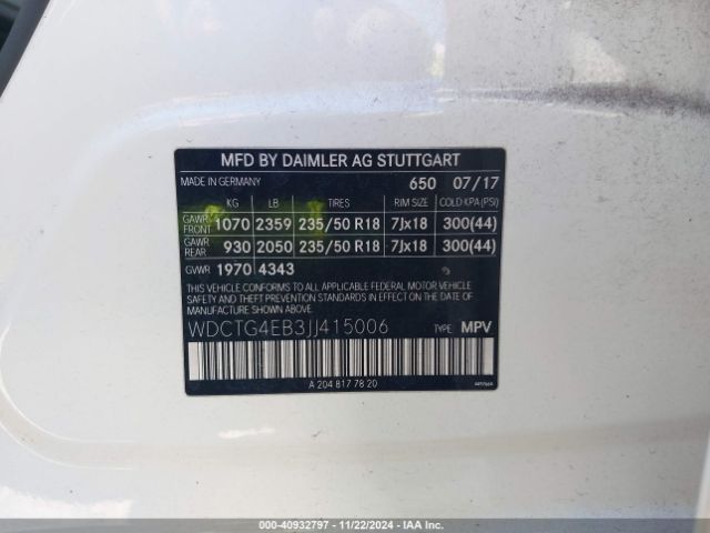 WDCTG4EB3JJ415006 Mercedes-Benz GLA 250