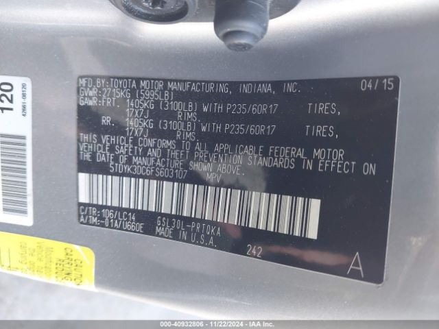 5TDYK3DC6FS603107 Toyota Sienna Xle/limited