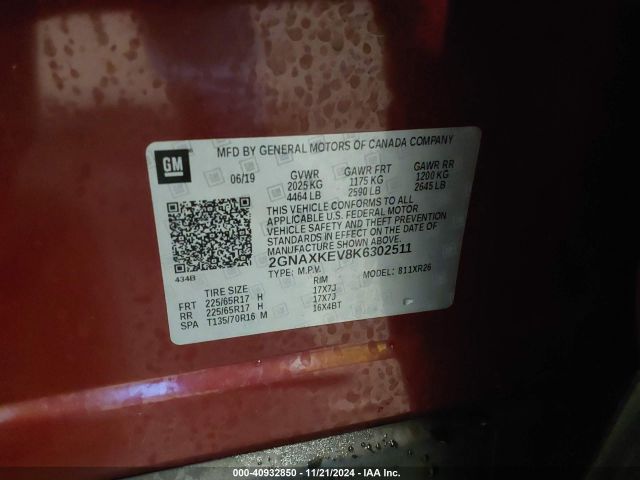 2GNAXKEV8K6302511 Chevrolet EQUINOX LT