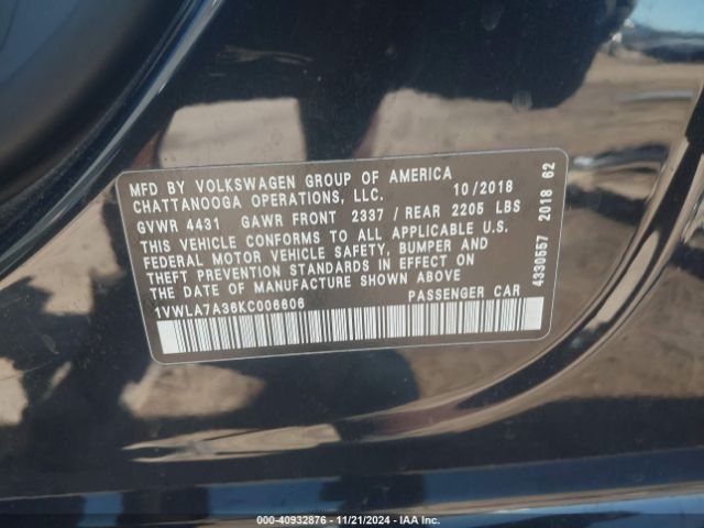 1VWLA7A36KC006606 Volkswagen Passat 2.0t Wolfsburg Edition