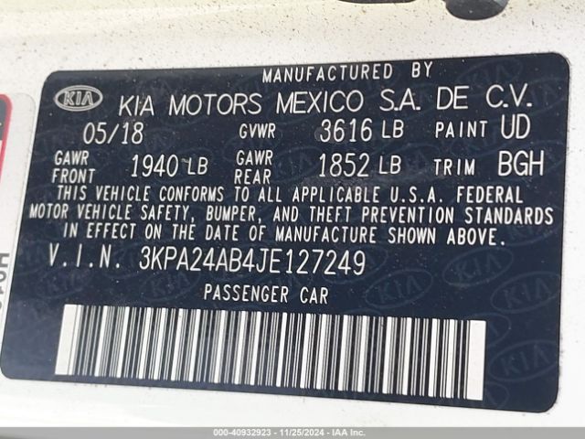 3KPA24AB4JE127249 KIA RIO S