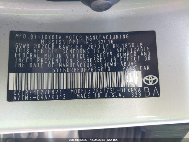 Toyota COROLLA LE 2017 5YFBURHE0HP626019 Image 9