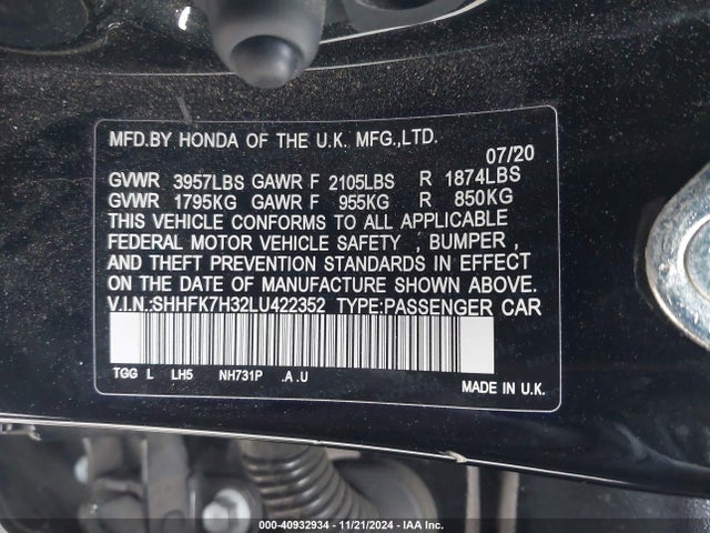 Honda Civic Lx 2020 SHHFK7H32LU422352 Image 9