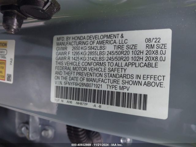 5FNYF6H28NB071921 Honda Pilot Awd Special Edition