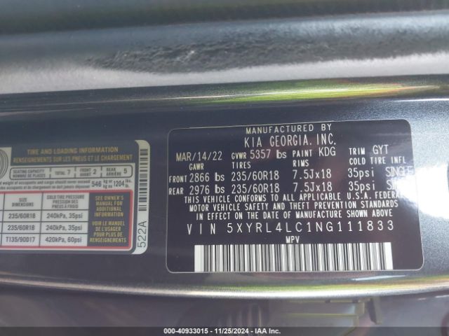 5XYRL4LC1NG111833 KIA SORENTO S