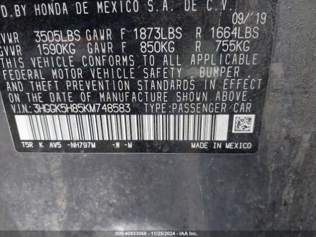 3HGGK5H85KM748583 Honda FIT EX