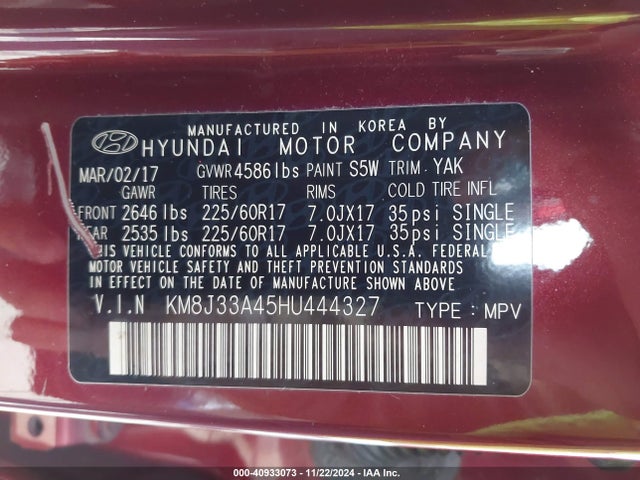 KM8J33A45HU444327 Hyundai TUCSON SE