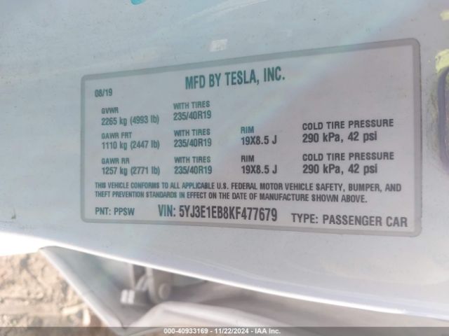 5YJ3E1EB8KF477679 Tesla Model 3 Long Range/performance