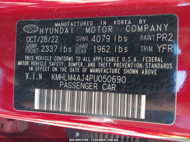 KMHLM4AJ4PU050690 Hyundai Elantra Hybrid Blue