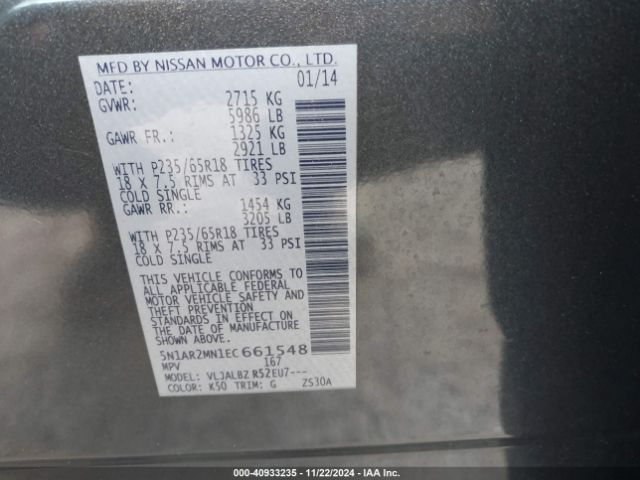 5N1AR2MN1EC661548 Nissan Pathfinder Platinum/s/sl/sv