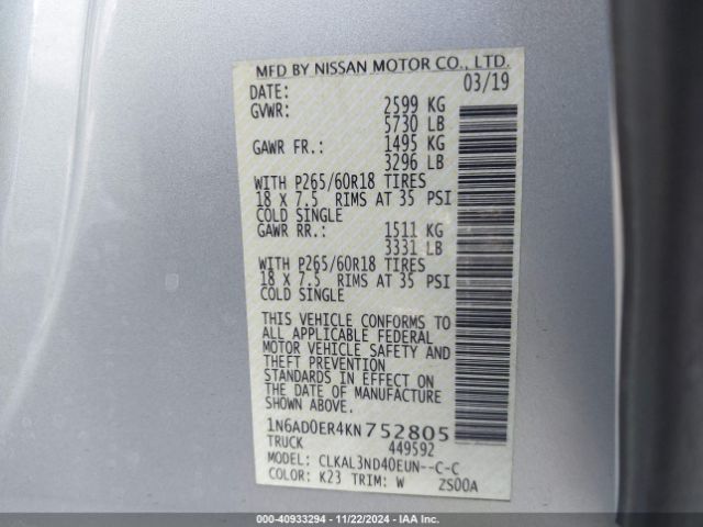 1N6AD0ER4KN752805 Nissan Frontier Sl