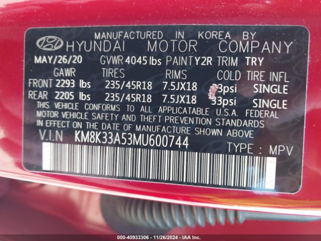 KM8K33A53MU600744 Hyundai Kona Limited