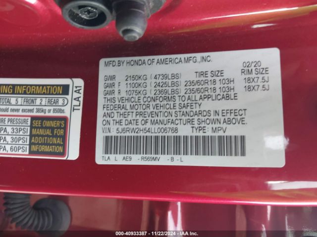 5J6RW2H54LL006768 Honda Cr-v Awd Ex