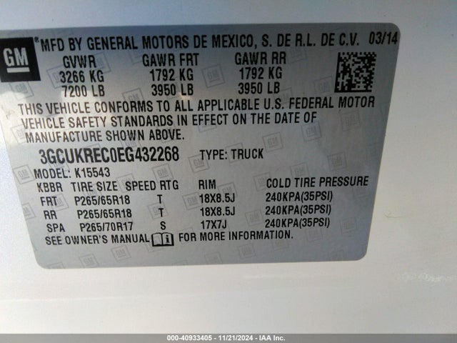 3GCUKREC0EG432268 Chevrolet Silverado K1500 Lt