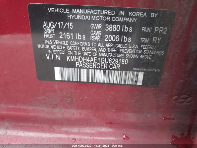 KMHDH4AE1GU629180 Hyundai Elantra Value Edition