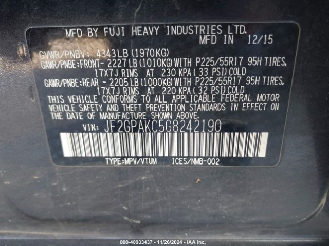 JF2GPAKC5G8242190 Subaru Crosstrek 2.0i Limited