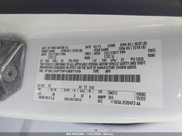 Ford ESCAPE S 2015 1FMCU0F70FUB87159 Image 9