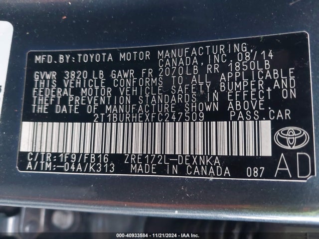Toyota COROLLA LE 2015 2T1BURHEXFC247509 Image 9