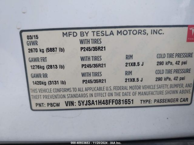 5YJSA1H48FF081651 Tesla Model S 85d/p85d