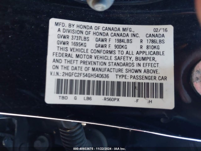 Honda Civic Lx 2016 2HGFC2F54GH540636 Image 9