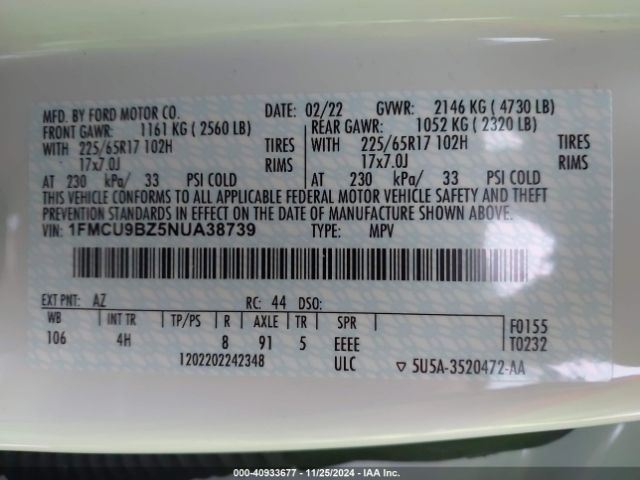1FMCU9BZ5NUA38739 Ford Escape Se Hybrid