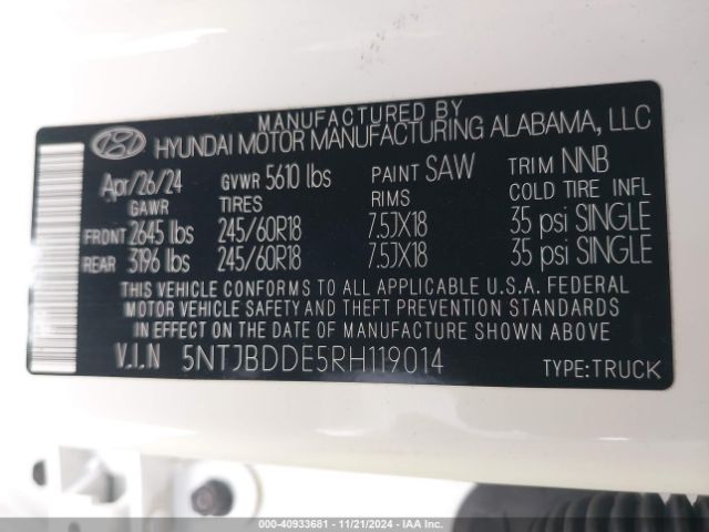 5NTJBDDE5RH119014 Hyundai Santa Cruz Sel