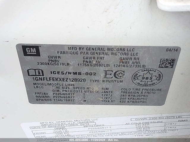 Chevrolet EQUINOX 1LT 2014 1GNFLFEKXEZ128920 Image 9