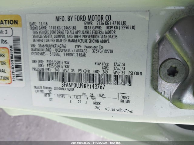 3FA6P0LU9KR143767 Ford Fusion Hybrid Se