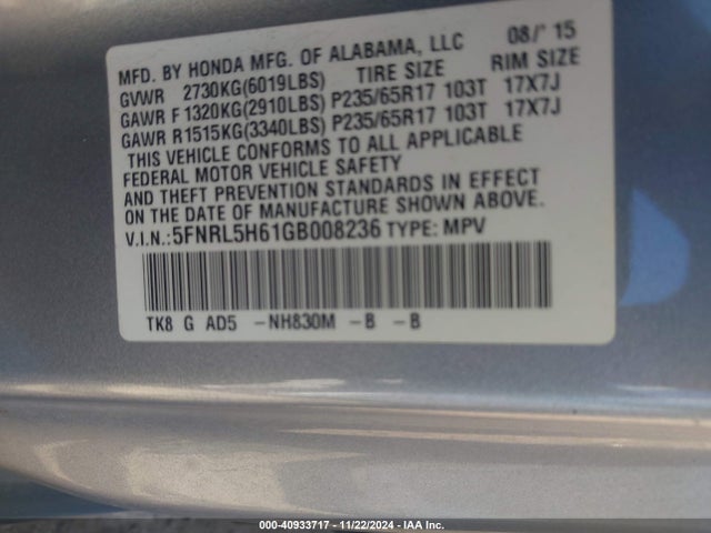 Honda Odyssey Ex-l 2016 5FNRL5H61GB008236 Image 9