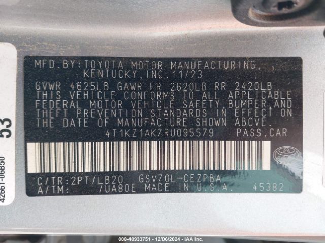 4T1KZ1AK7RU095579 Toyota Camry Xse V6