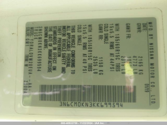 3N6CM0KN3KK699594 Nissan Nv200 S
