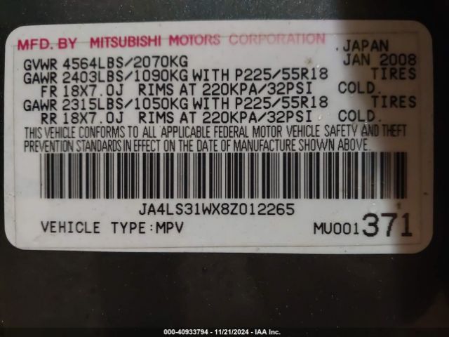 2008 MITSUBISHI OUTLANDER JA4LS31WX8Z012265 Photo 8