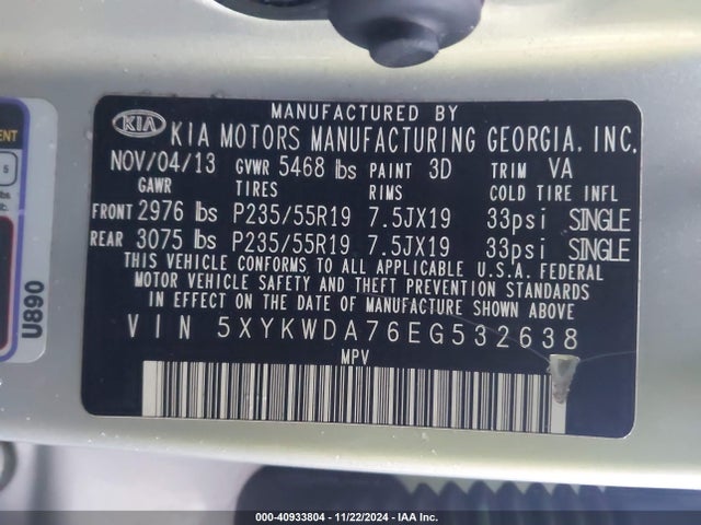 KIA Sorento Sx V6 2014 5XYKWDA76EG532638 Image 9