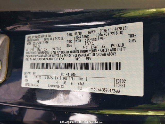 Ford ESCAPE SE 2018 1FMCU0GD9JUD38173 Image 9