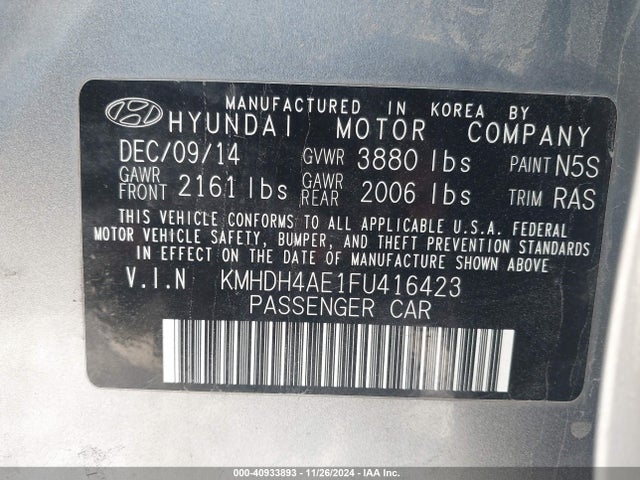 Hyundai ELANTRA SE 2015 KMHDH4AE1FU416423 Image 9