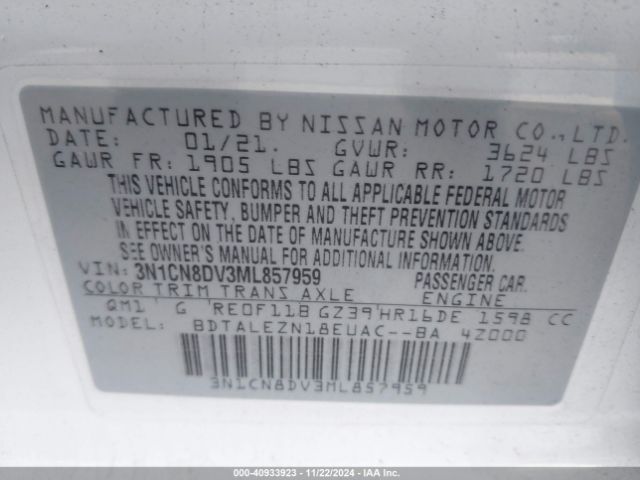 3N1CN8DV3ML857959 Nissan Versa S Xtronic Cvt