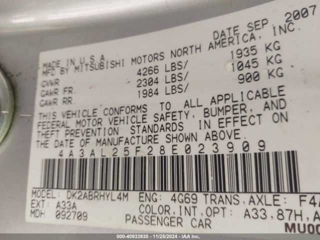 2008 MITSUBISHI ECLIPSE SPYDER 4A3AL25F28E023909 Photo 8