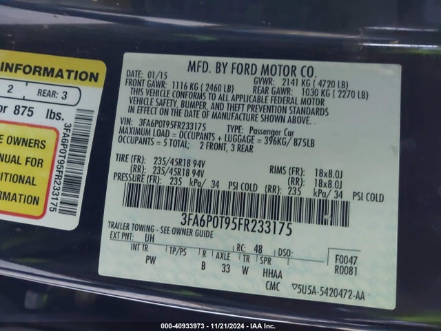 Ford FUSION SE 2015 3FA6P0T95FR233175 Image 9
