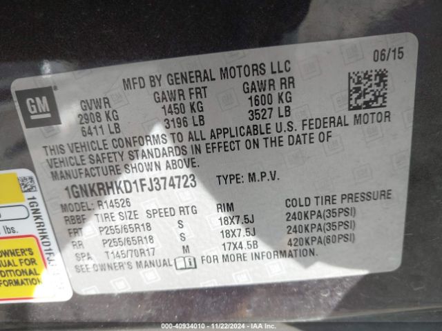 1GNKRHKD1FJ374723 Chevrolet Traverse 2lt