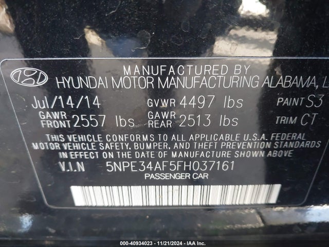 Hyundai Sonata Limited 2015 5NPE34AF5FH037161 Image 9