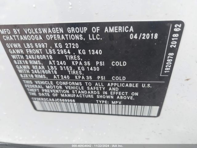 1V2KR2CA8JC569966 Volkswagen Atlas 3.6l V6 Se