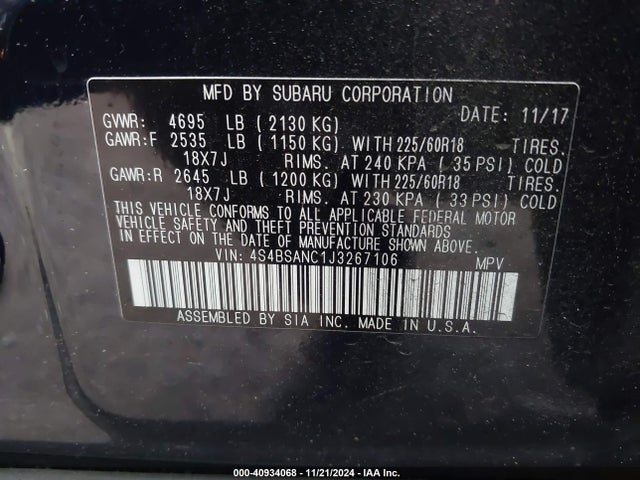 Subaru Outback 2.5i Limited 2018 4S4BSANC1J3267106 Image 9