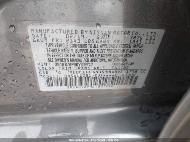 3N1AB7AP9KY309240 Nissan SENTRA SV