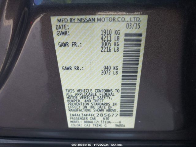 1N4AL3AP4FC285677 Nissan Altima 2.5 Sv