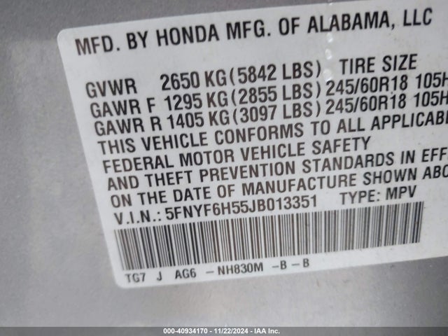 Honda Pilot Ex-l 2018 5FNYF6H55JB013351 Image 9