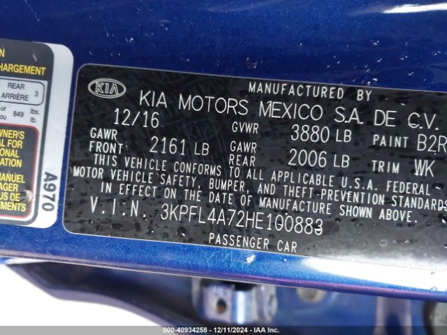 3KPFL4A72HE100883 KIA FORTE S