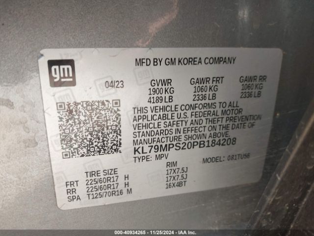 KL79MPS20PB184208 Chevrolet Trailblazer Fwd Lt