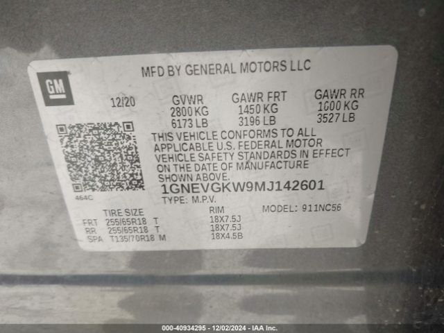 1GNEVGKW9MJ142601 Chevrolet Traverse Awd Lt Cloth