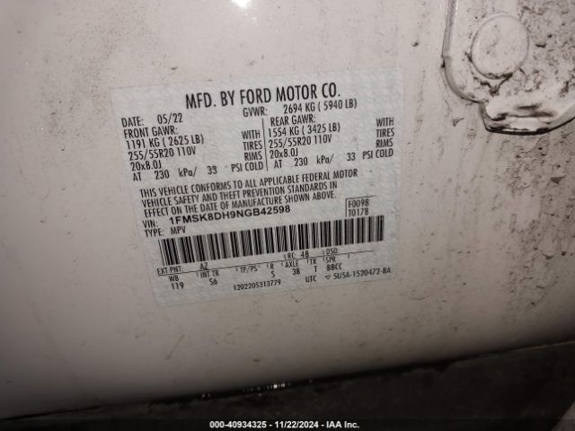 1FMSK8DH9NGB42598 Ford EXPLORER XLT